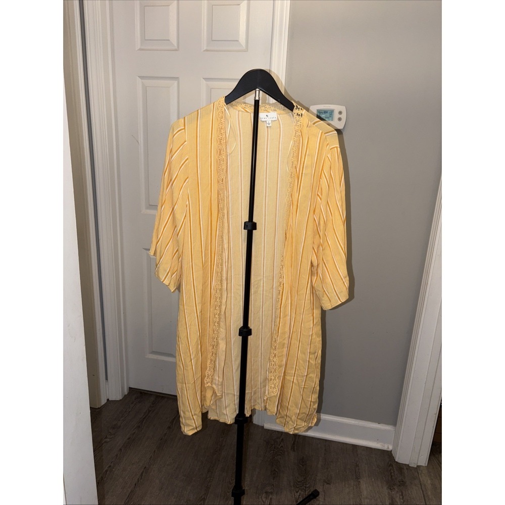 True Craft Yellow Vertical striped open-front kimono Lace Trim Coastal Airy EUC